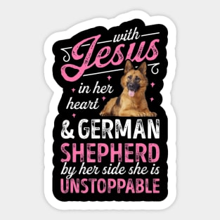 With Jesus In Her Heart And German Shepherd Sticker